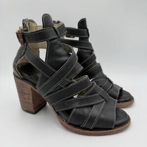 Freebird by Steven Claw Black Leather Strappy Heeled Sandals Womens Size 6 Boho